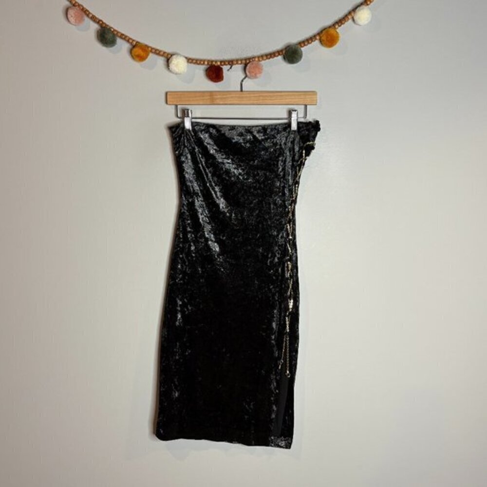 House of CB black velvet strapless gold chain lace up midi dress